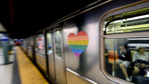 New York City's Metropolitan Transit Authority has put its Pride logos on five 10-car subway trains.