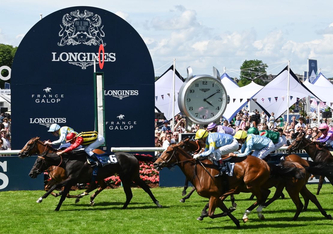 Channel, riden by Jockey Pierre-Charles Boudot, crosses the finish line first to win the 170th Prix de Diane.