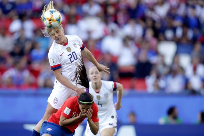 American soccer player Allie Long jumps over Chile's Daniela Zamora during a Women's World Cup match on Sunday, June 16.