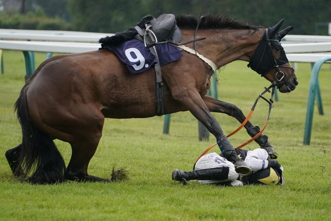 Harry Bannister tries to protect himself after falling off Sitron during a hurdles race in Fontwell, England, on Wednesday, June 12.
