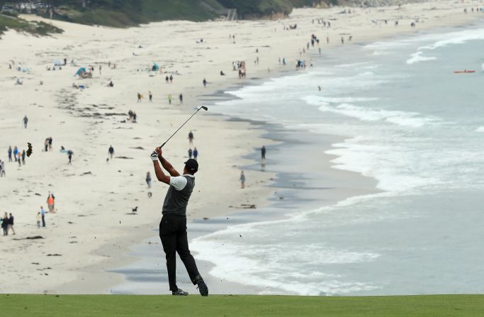 Tiger Woods plays a shot during the first round of the US Open on Thursday, June 13. The tournament was played at Pebble Beach Golf Links in California.