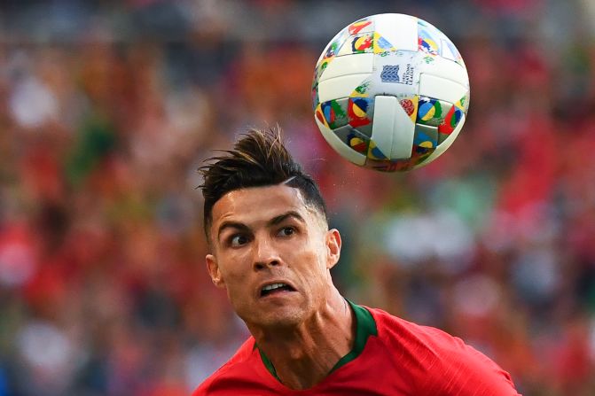 Portugal star Cristiano Ronaldo heads the ball during the Nations League final on Sunday, June 9. Portugal defeated the Netherlands 1-0.