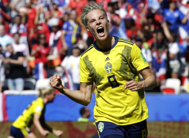 Sweden's Lina Hurtig celebrates after scoring her team's fourth goal against Thailand during the Women's World Cup on Sunday, June 16. Sweden won 5-1.