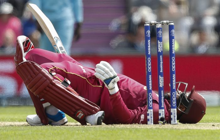 West Indies cricketer Shimron Hetmyer ducks to avoid a bouncer during a World Cup match against England on Friday, June 14.