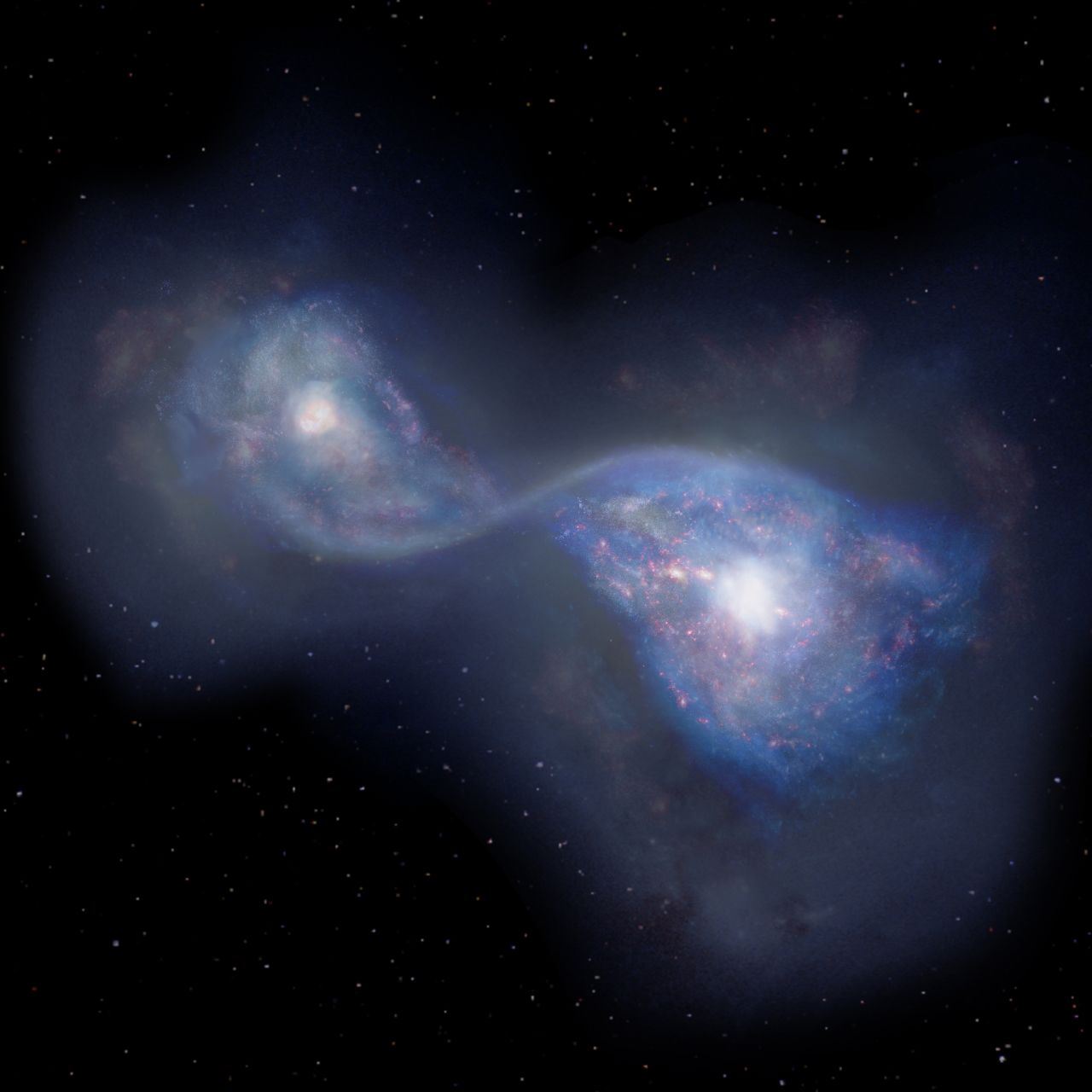 Artist's impression of the merging galaxies B14-65666 located 13 billion light years-away.