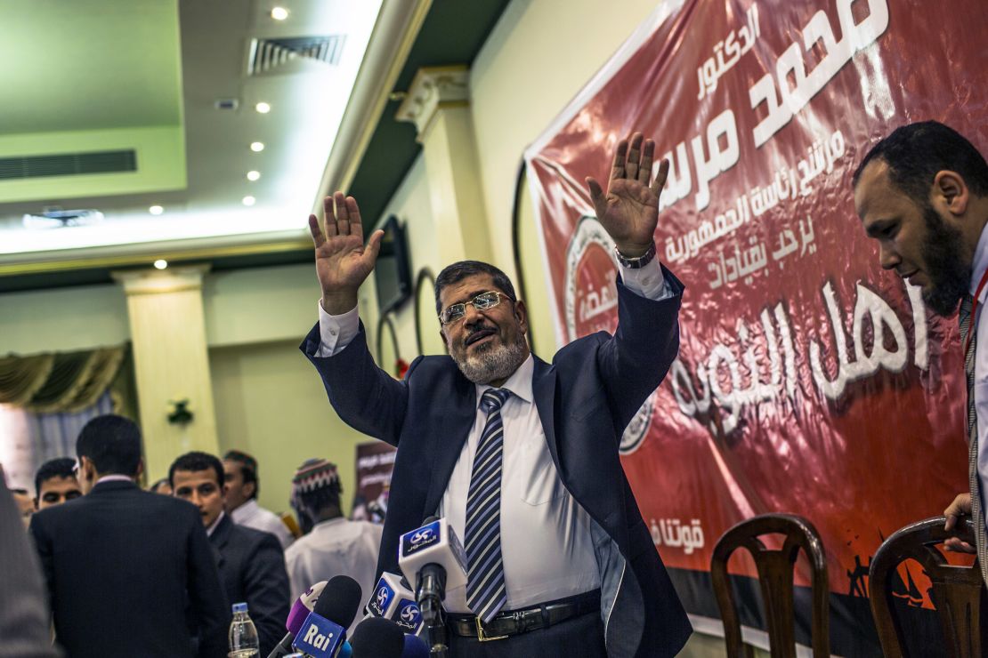 Morsy addresses suporters at a press conference on June 13, 2012.