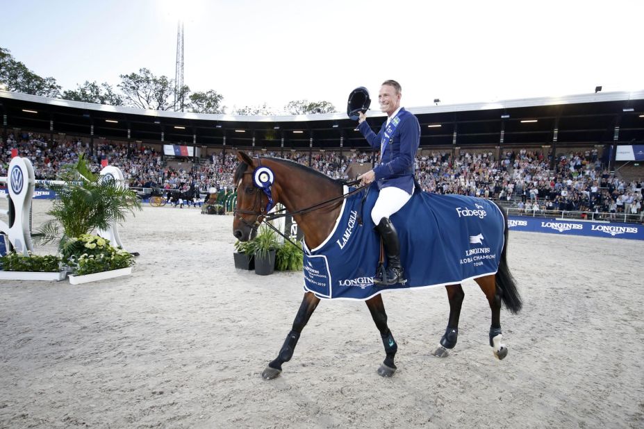 <strong>Stockholm:</strong> Peder Fredricson celebrates after winning the inaugural LGCT in the Olympic Stadium in Stockholm.