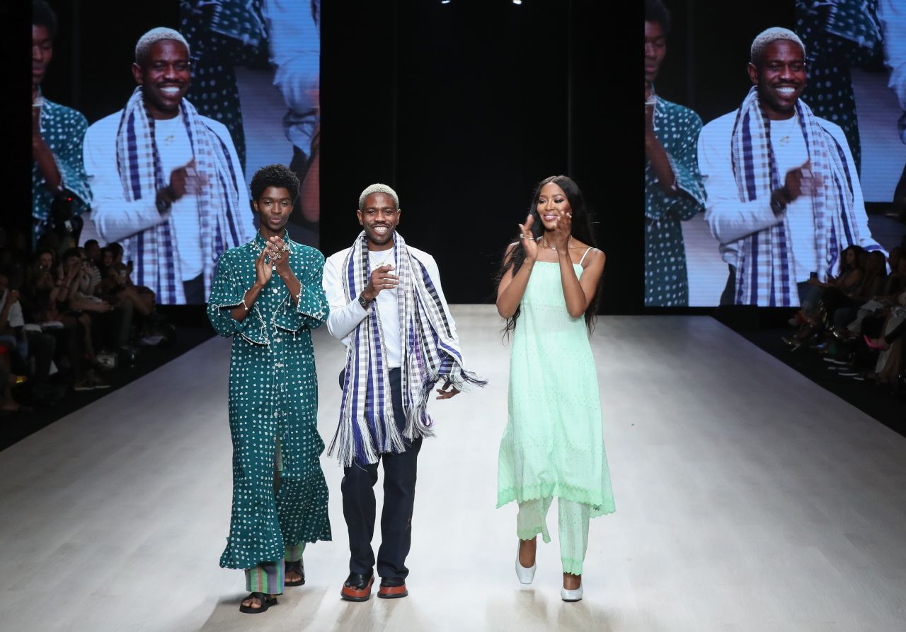 Designer Kenneth Ize and Naomi Campbell greet the audience  during Arise Fashion Week on April 20, 2019 in Lagos, Nigeria. 