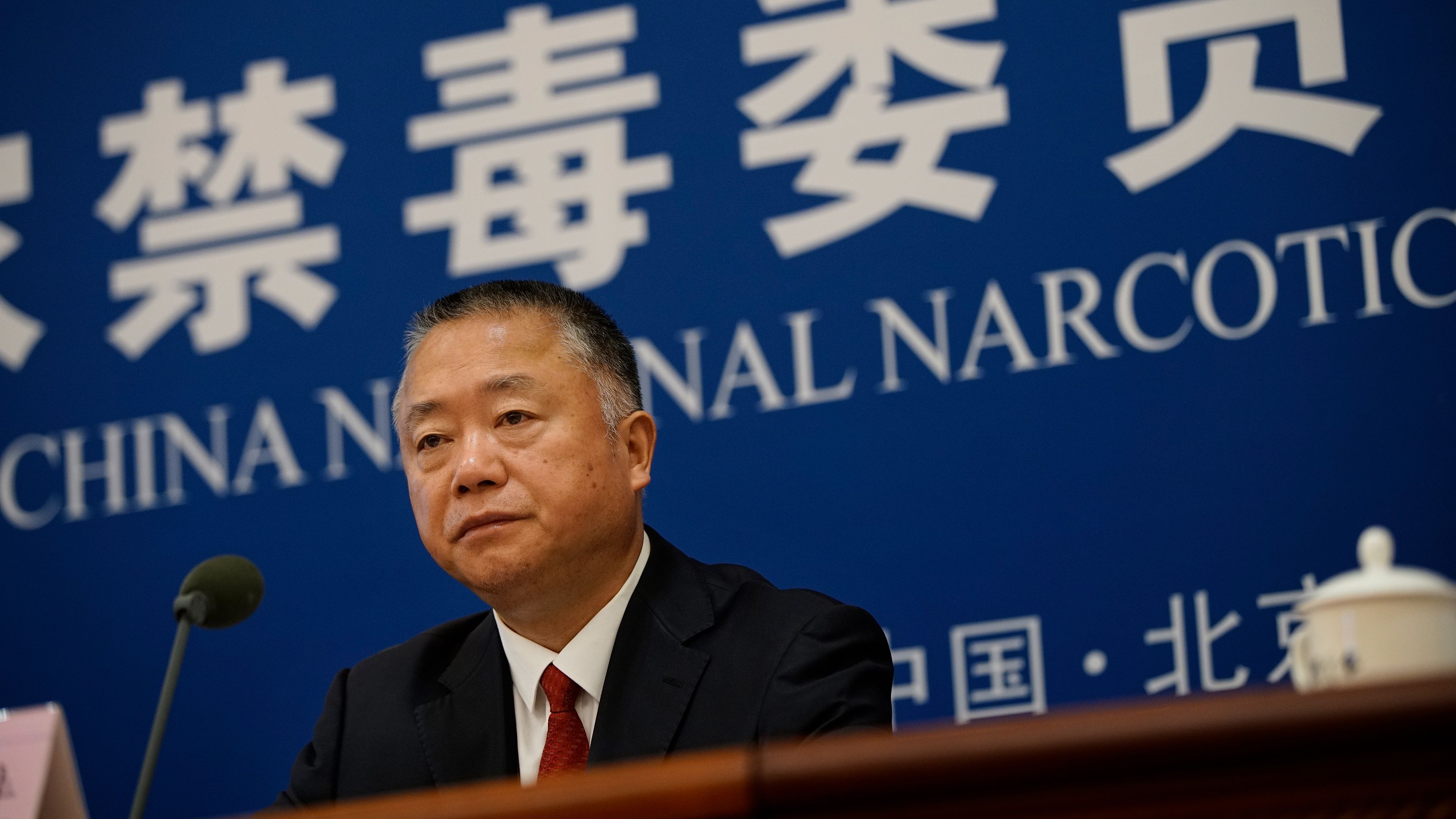 Liu Yuejin speaking during a press conference in Beijing in June.