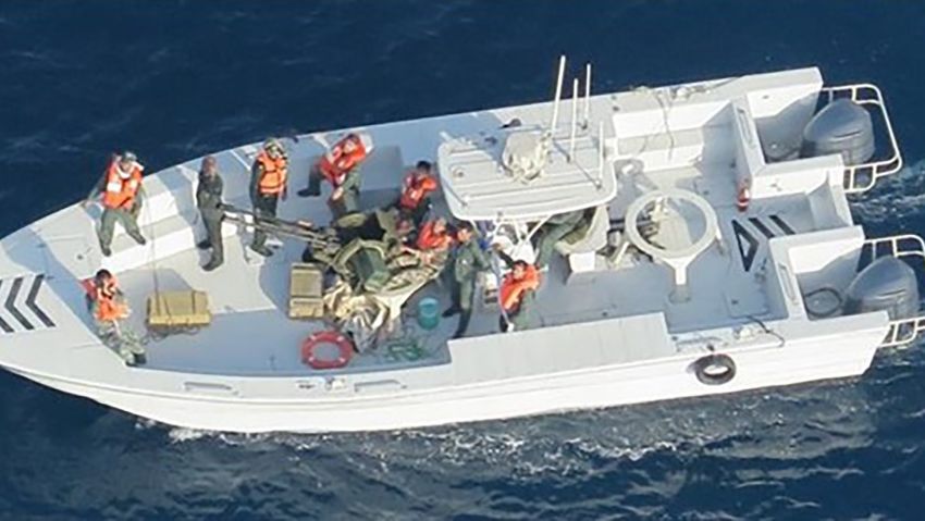 Photo taken by a crewman on an MH-60R with a handheld camera on Jun 13, 2019 Imagery taken from a U.S. Navy MH-60R helicopter of the Islamic Revolutionary Guard Corps Navy after removing an unexploded limpet mine from the M/T Kokuka Courageous.