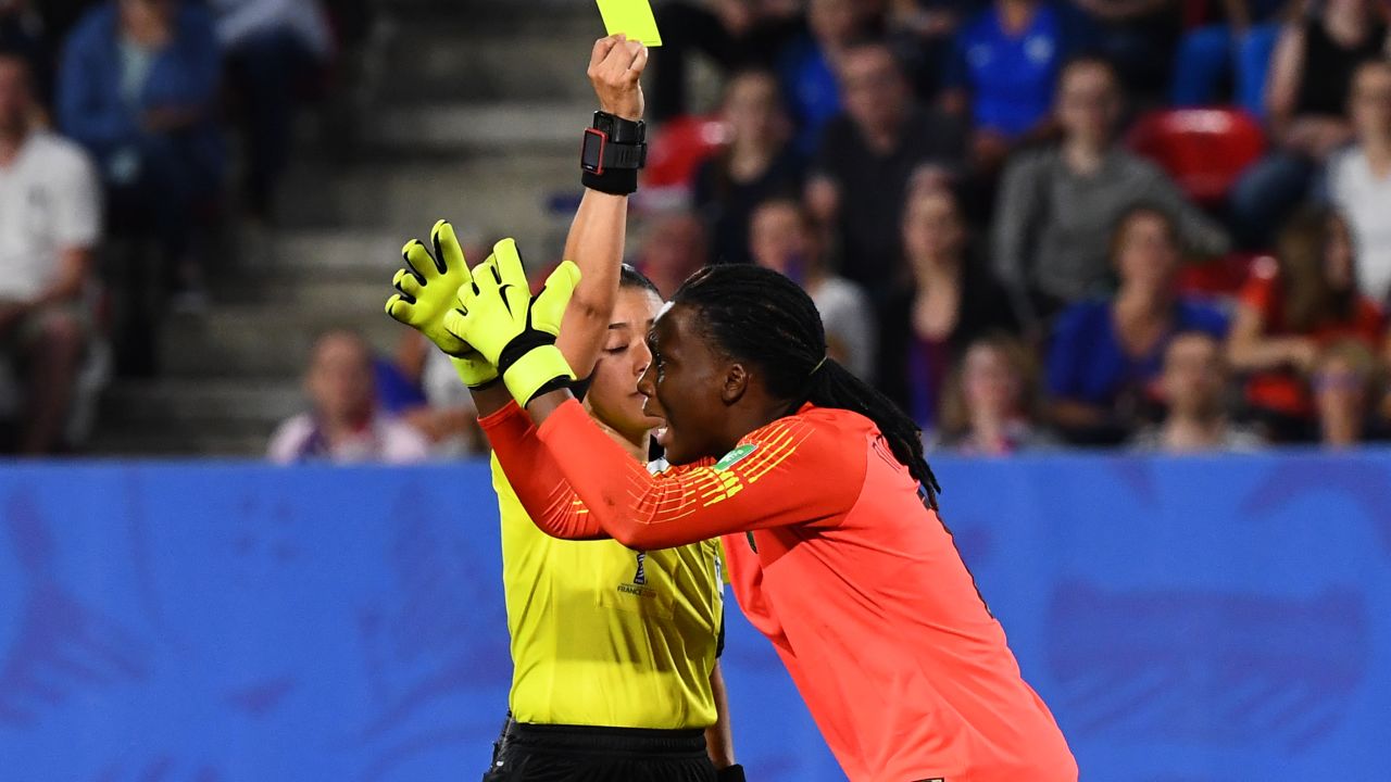 Chiamaka Nnadozie was booked for stepping off her line before a penalty was taken.