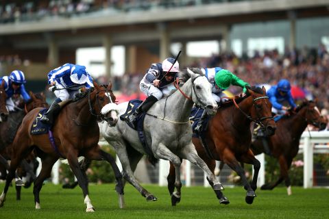 Daniel Tudhope rode Lord Glitters (grey) to victory in the opening Queen Anne Stakes on day one.