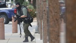 An armed shooter (shown) attacks at the Earle Cabell federal courthouse Monday morning, June 17, 2019 at the in downtown Dallas. Law enforcement returned fire and the shooter was hit by gunfire. No officers or citizens were injured. (Tom Fox/The Dallas Morning News) -
