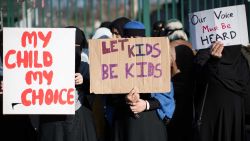 28 March, 2019. Parents, children and protestors demonstrate against the lessons about gay relationships, which teaches children about LGBT rights at the Anderton Park Primary School, Birmingham. (Photo by Aaron Chown/PA Images via Getty Images)