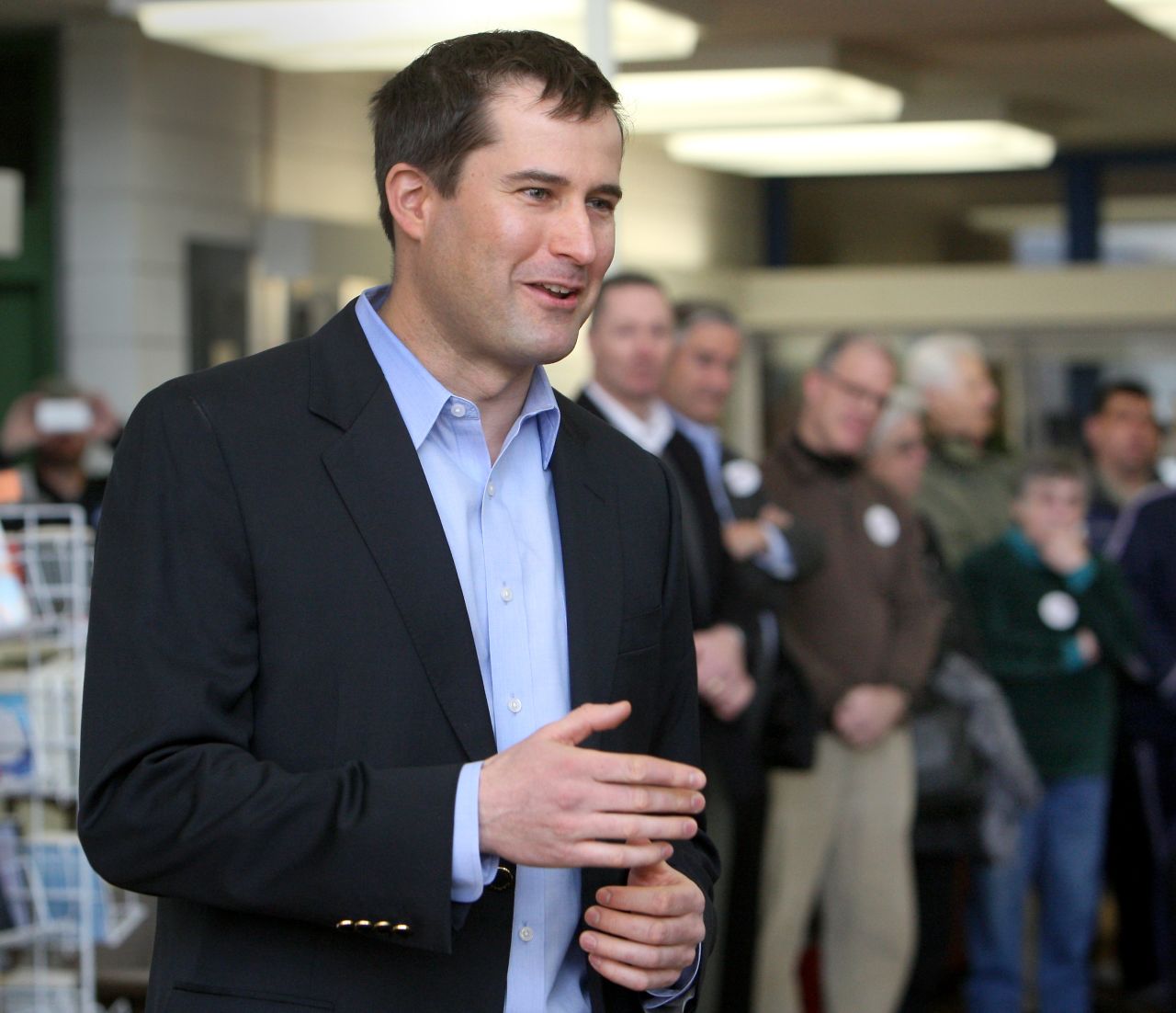 Moulton speaks at a Democratic caucus in Salem, Massachusetts, in March 2014. After leaving the Marine Corps, Moulton earned master's degrees in business and public policy from Harvard Business School and the Harvard Kennedy School, Harvard is also where he earned his undergraduate degree before he entered the military.