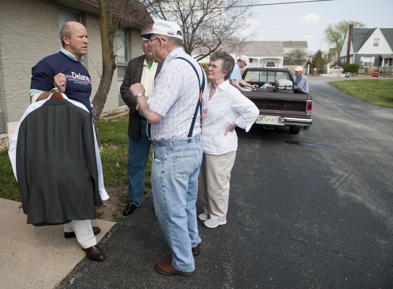 Delaney speaks with potential voters outside of the UAW Hall in Hagerstown, Maryland, in March 2012. He was running for Congress at the time.
