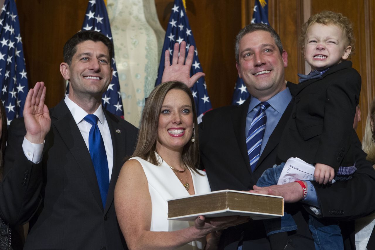Ryan is joined by his wife and their son Brady during a swearing-in ceremony in Washington in January 2017. The oath of office was delivered by House Speaker Paul Ryan (no relation).