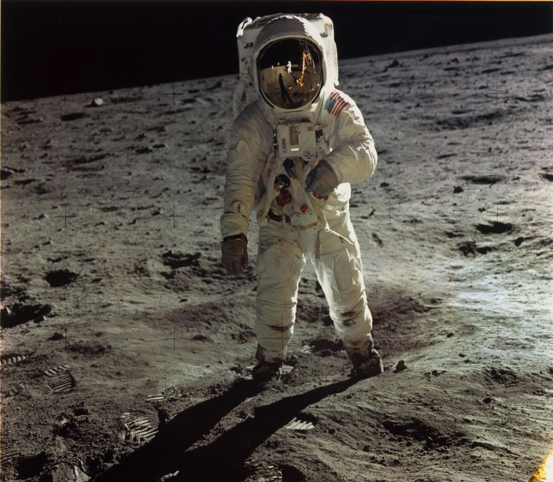 An iconic photo of Buzz Aldrin, taken by Neil Armstrong on the surface of the moon in 1969.