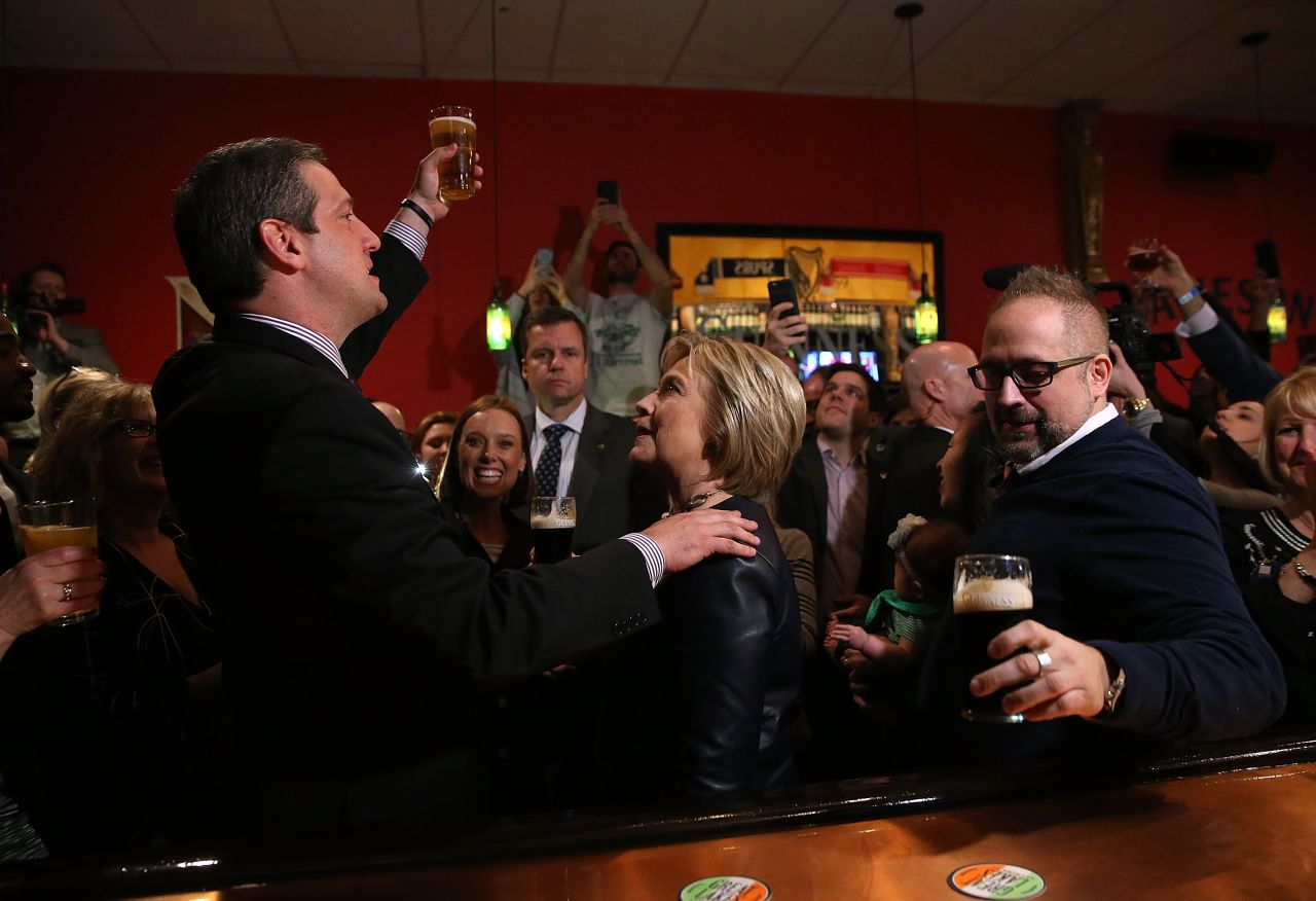 Ryan toasts Democratic presidential candidate Hillary Clinton while she campaigned in Youngstown, Ohio, in March 2016.