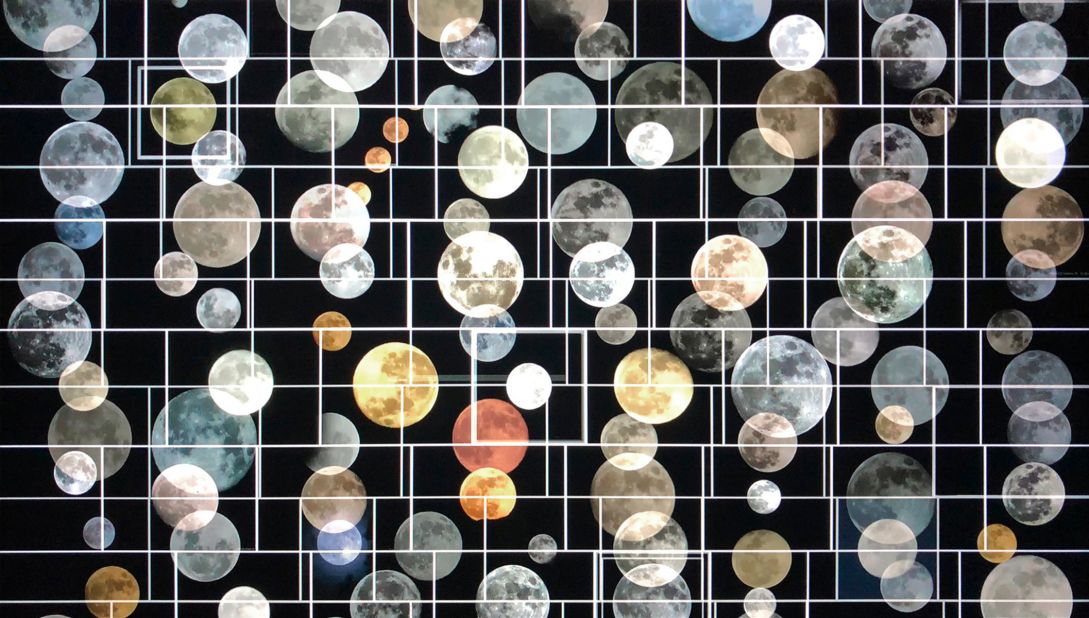 Decades since the moon landing, artists like Penelope Umbrico are still finding new ways to represent the moon. For this video installation, Umbrico mined over a million photographs of the full moon taken by amateur and professional photographers alike from Flickr. 
