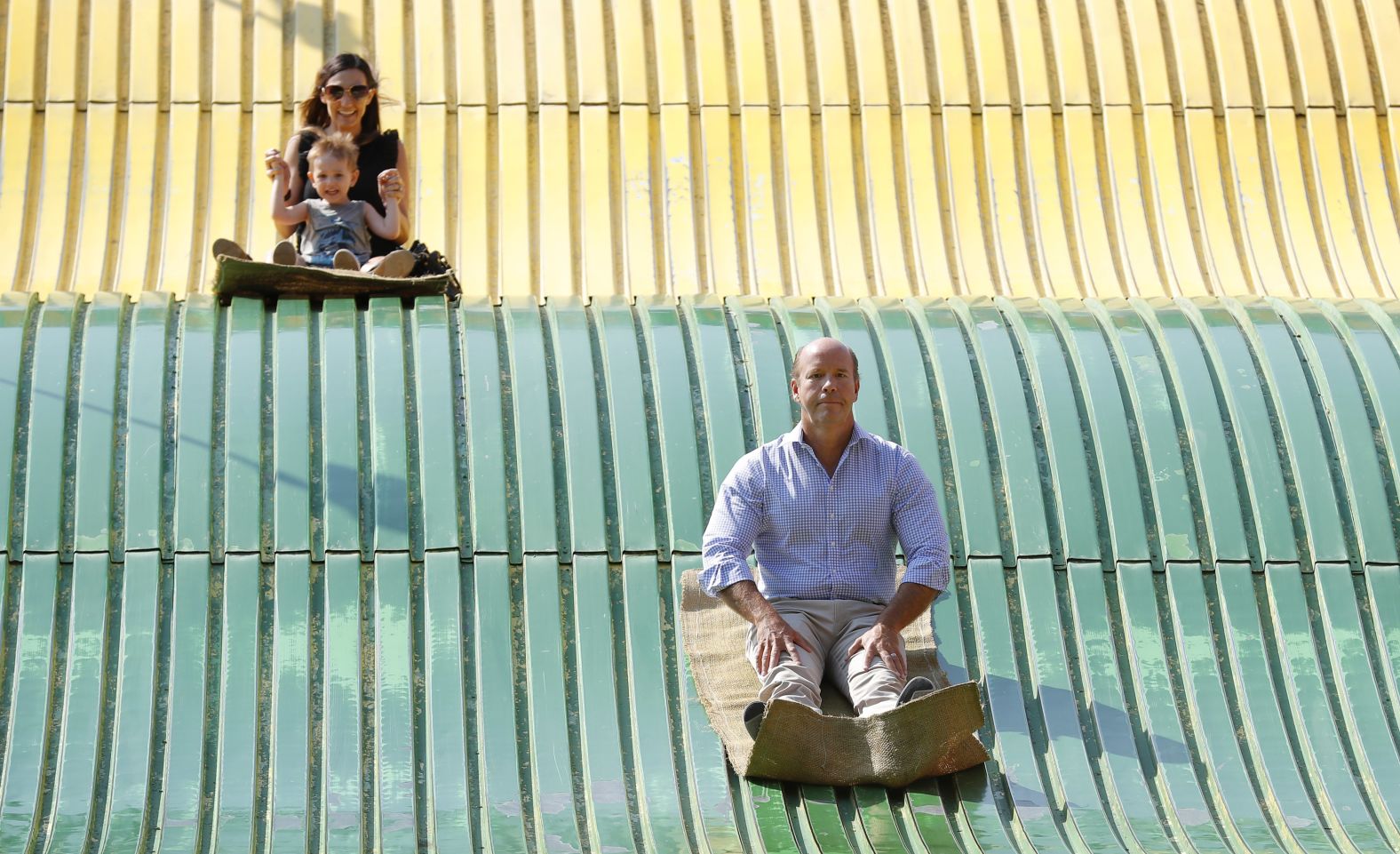 Delaney rides down a giant slide at the Iowa State Fair in August 2018.