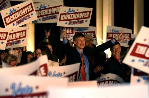 Hickenlooper celebrates after winning the mayoral race in June 2003.