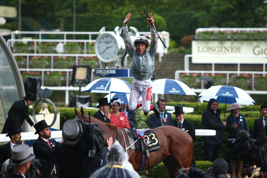 Veteran Italian jockey Frankie Dettori treats the crowd to his trademark flying dismount after clinching his 61st winner at Royal Ascot in the opener.
