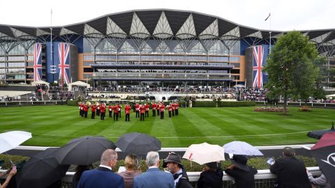 The Band of the Coldstream Guards performs for the crowds at Royal Ascot.