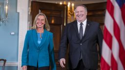 WASHINGTON, DC - JUNE 18: High Representative of the Union for Foreign Affairs and Security Policy and Vice-President of the European Commission Federica Mogherini and Secretary of State Mike Pompeo arrive for a photo spray on June 18, 2019 in Washington, DC. (Photo by Tasos Katopodis/Getty Images)