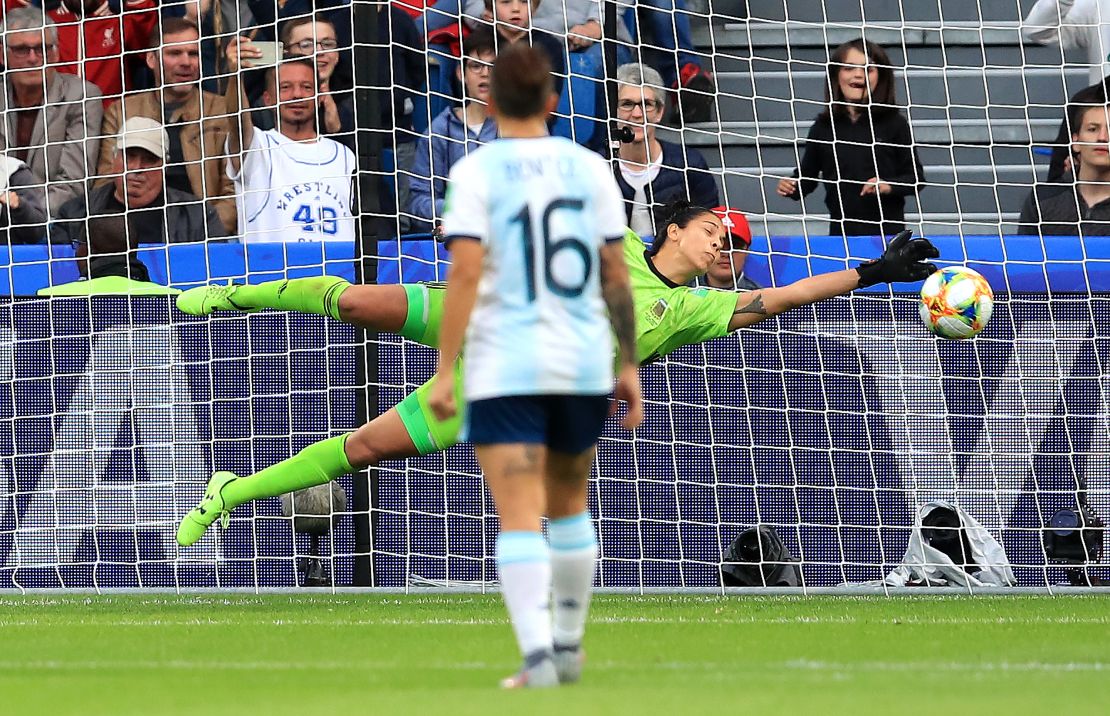Correa of Argentina saves a  penalty from England's Nikita Parris.