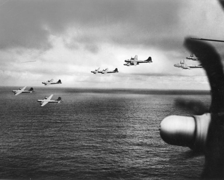 A group of B-29 bombers are in flight over the Pacific Ocean en route to Saipan, on January 15, 1945.