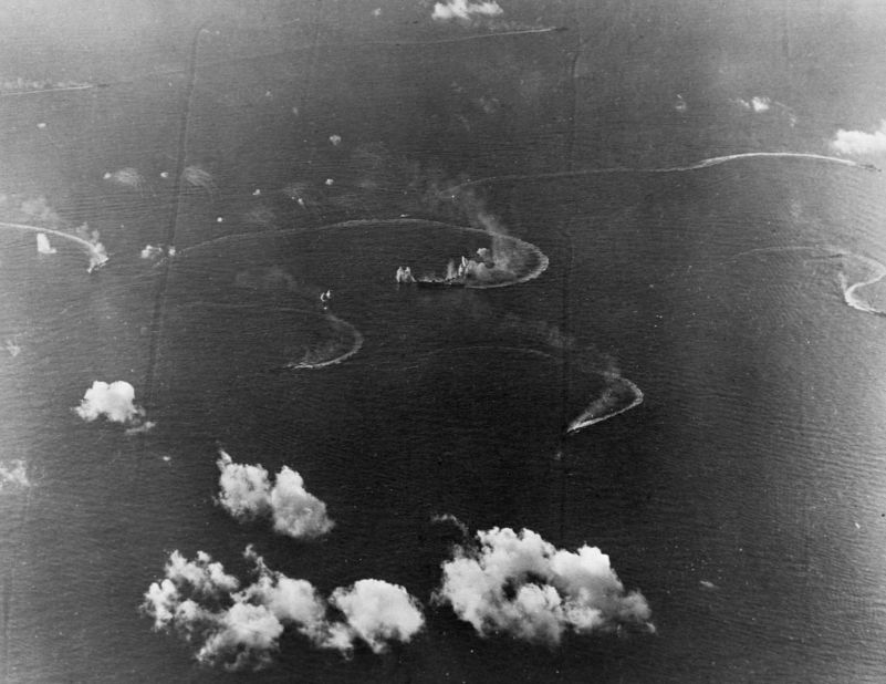Planes from a Japanese fleet battle planes and ships of US Task Force 58 during operations off Saipan in the Marianas in 1944.