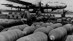 24th November 1944:  'Dauntless Dottie,' one of America's B29 Superfortress bombers, is made ready for a bombing run on Tokyo. Here on Saipan Island, in the Mariana Islands, the bombs are loaded that will convince the Japanese that America is serious in its intent to win the war. 