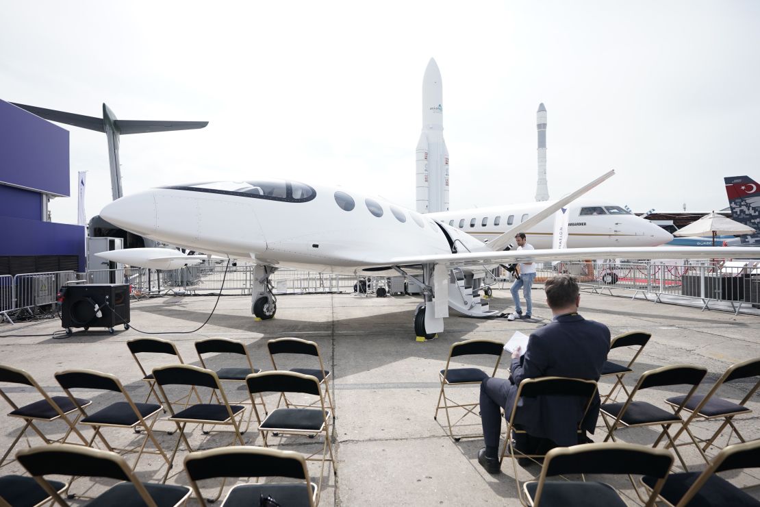 A visitor to the Paris Air Show looks at the Alice electric aircraft manufactured by Eviation Aircraft.