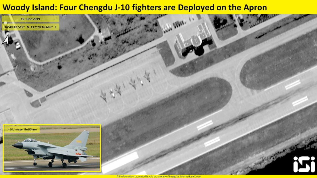 Image from ImageSat International shows Chinese J-10 fighters deployed to Woody Island in the South China Sea.