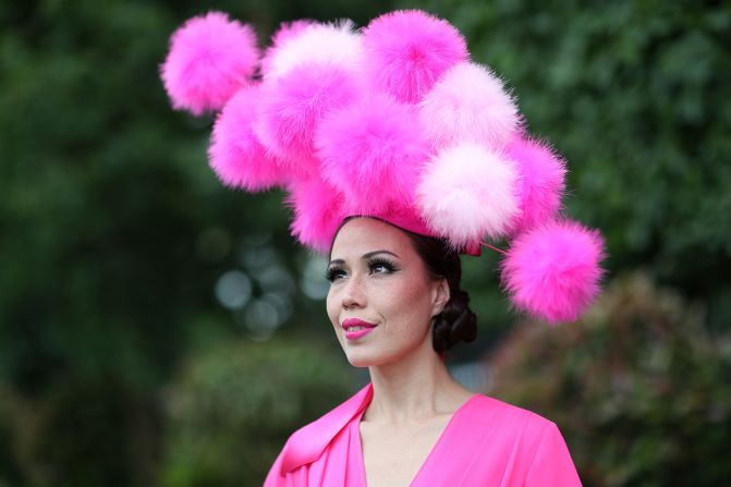 Racegoer Heather Morris' bright pink ensemble stood out at Royal Ascot's Ladies' Day. 