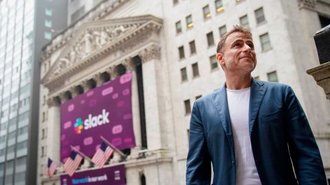 Stewart Butterfield, Slack's CEO and cofounder, outside the New York Stock Exchange before its Wall Street debut.
