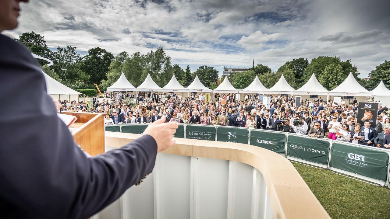An auctioneer encourages guests to bid amid a garden party atmosphere.