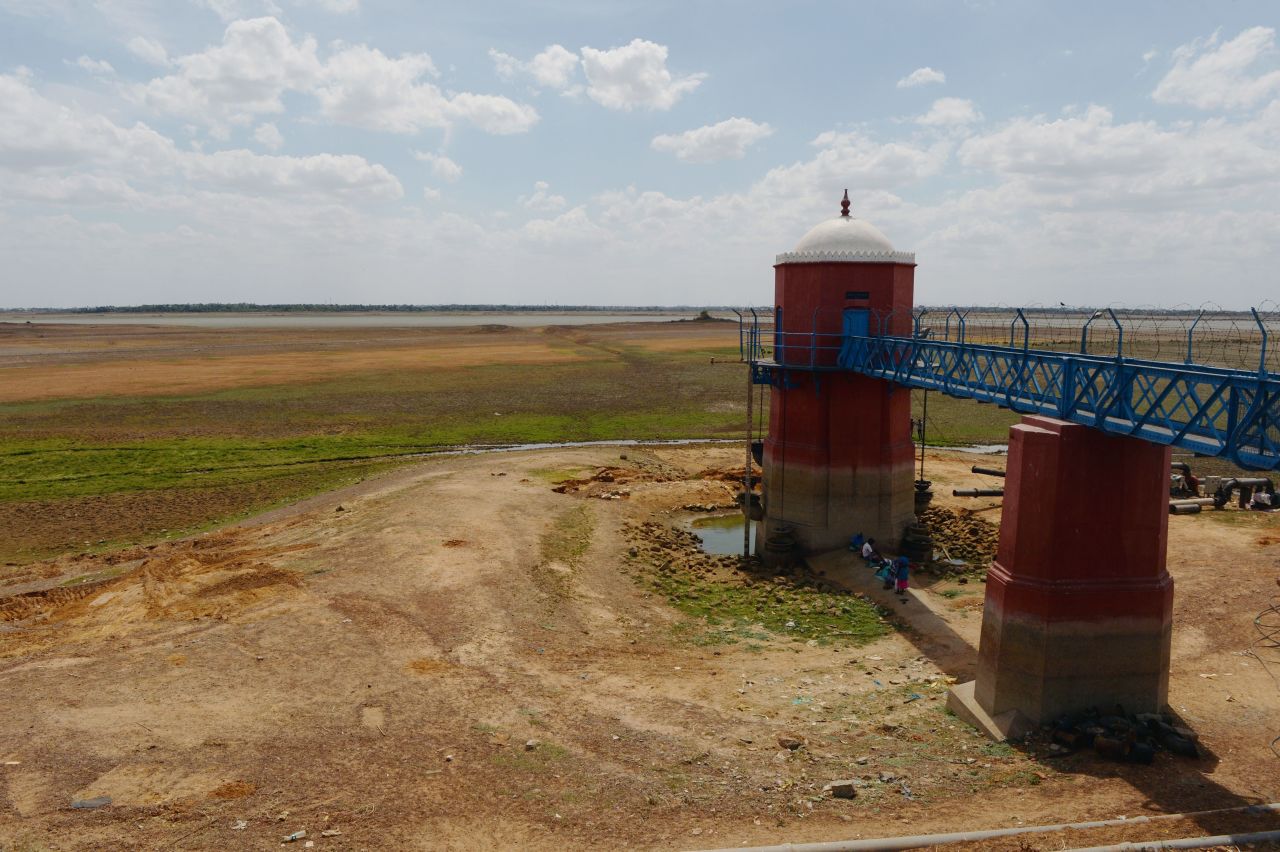 The Puzhal water reservoir, on the outskirts of Chennai, is dried out on June 14. Seasonal monsoon rains, which bring relief each year and replenish the country's water supplies, are late this year.