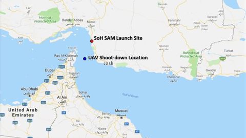Map of the location where a U.S. drone was shot down by Iran on Thursday, and the location where the missile was launched, provided by the Defense Department.