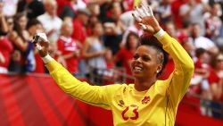 VANCOUVER, BC - JUNE 21:  Karina LeBlanc #23 of Canada waves to the fans after Canada's win at the FIFA Women's World Cup Canada 2015 Round 16 match between Switzerland and Canada June 21, 2015 at BC Place Stadium in Vancouver, British Columbia, Canada. Canada won 1-0.  (Photo by Jeff Vinnick/Getty Images)