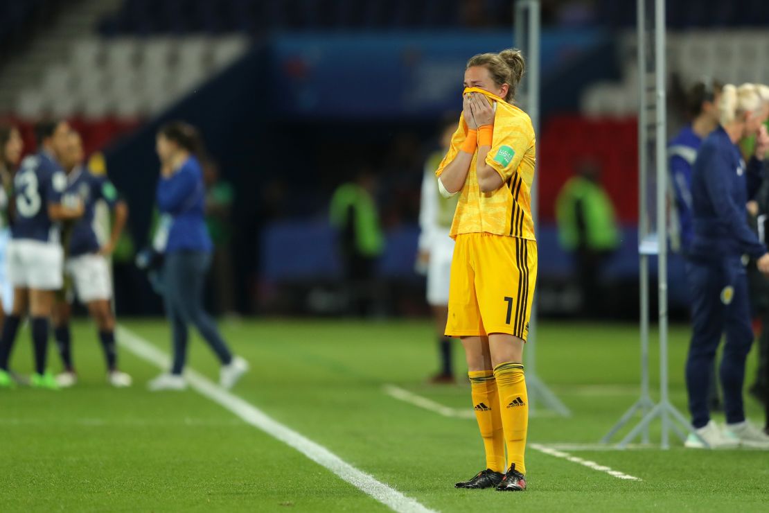 Scotland's Lee Alexander wipes away the tears after the 3-3 draw with Argentina.