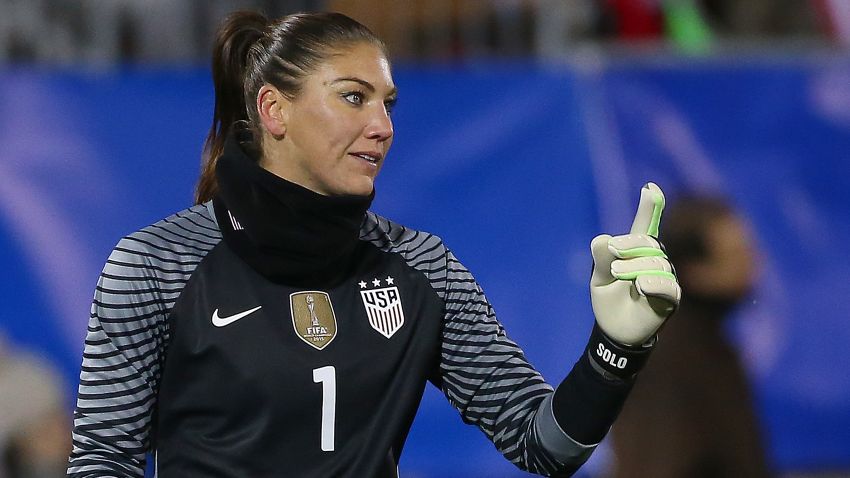 EAST HARTFORD, CT- APRIL 6:  Hope Solo #1 of United States of America gestures during an international friendly soccer match against Colombia at Pratt & Whitney Stadium on April 6, 2016 in East Hartford, Connecticut. (Photo by Jim Rogash/Getty Images)