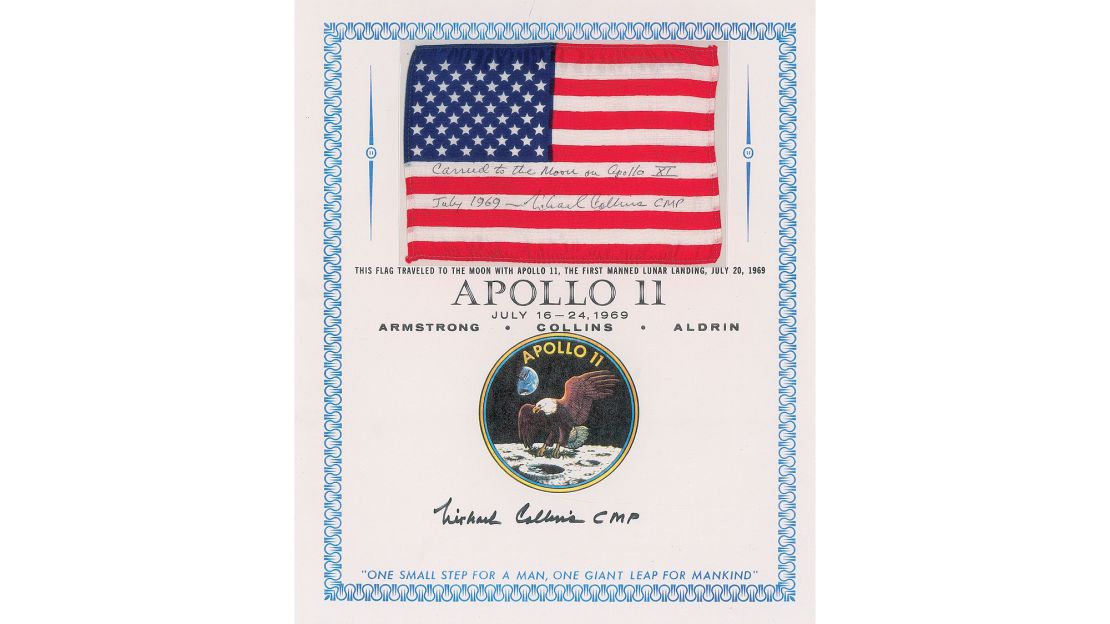 A flag flown on the Apollo 11 mission, and signed by astronaut Michael Collins, sold for more than $27,000. 
