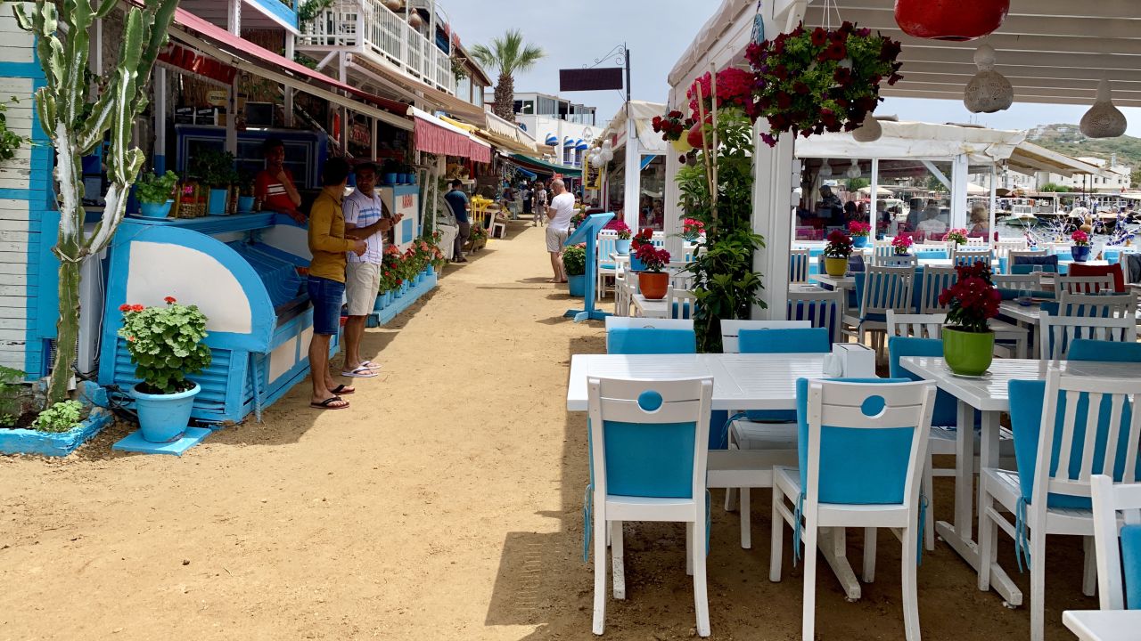 <strong>Gümüslük:</strong> A string of waterside cafes serves up fresh seafood under trees bedecked with carved gourd lanterns. 