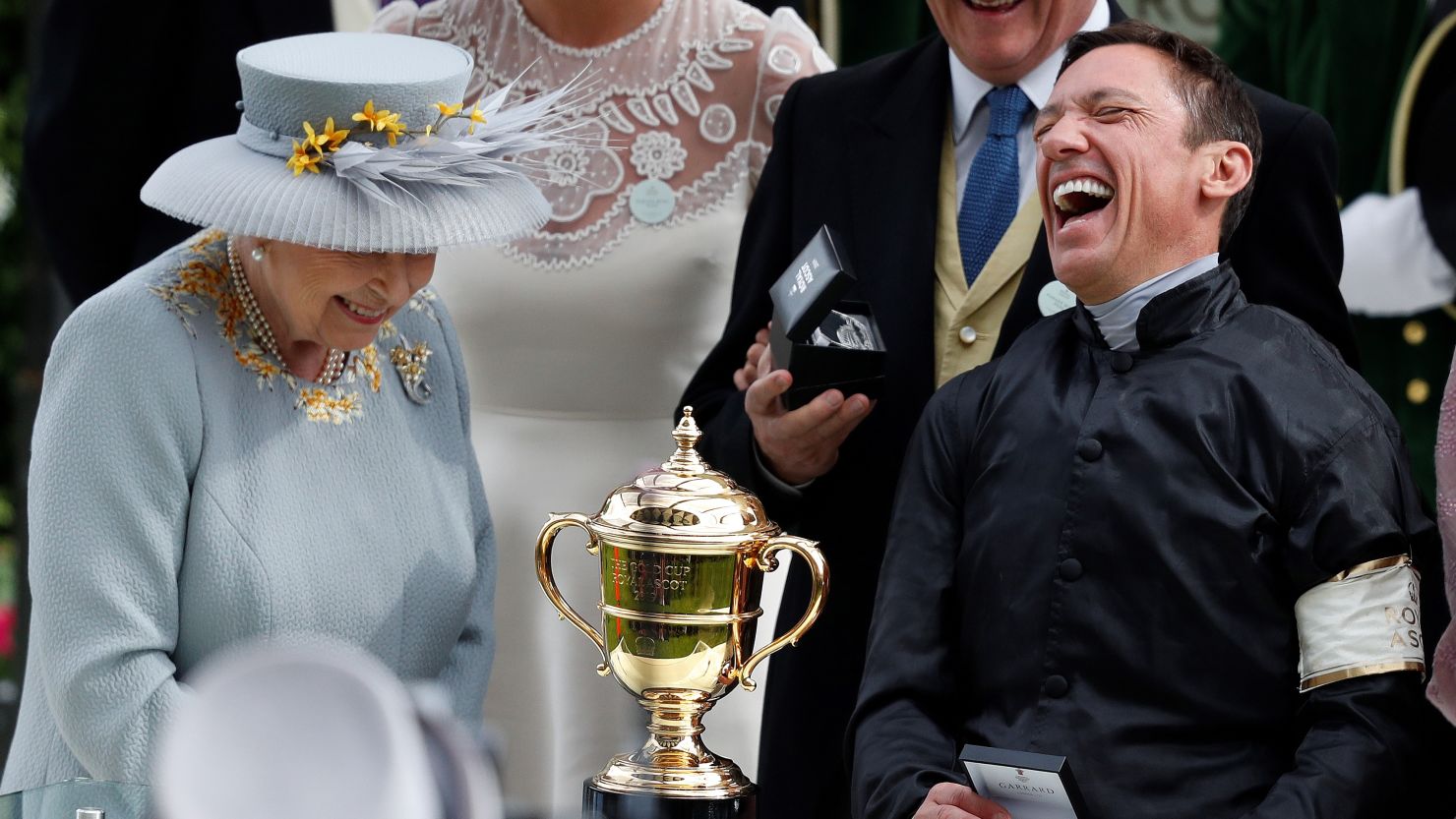Britain's Queen Elizabeth II presents the Gold Cup to Frankie Dettori on day three at Royal Ascot.