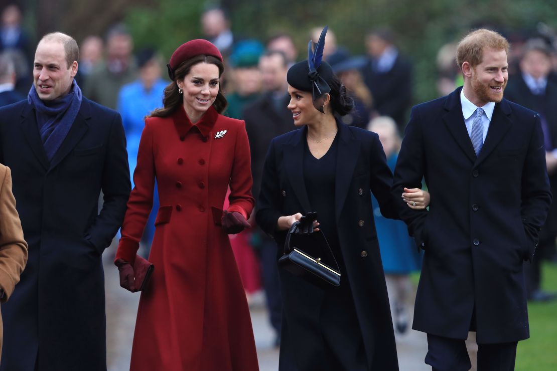 William, Kate, Meghan and Harry pictured at the Church of St Mary Magdalene on the Sandringham estate on Christmas day in 2018.