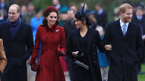 William, Kate, Meghan and Harry pictured at the Church of St Mary Magdalene on the Sandringham estate on Christmas day in 2018.
