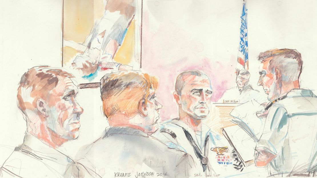 Corey Scott, a Navy SEAL medic (center with shaved head looking forward), testified Thursday in the military court trial of Chief Special Warfare Operator Eddie Gallagher who is accused of stabbing and killing an ISIS prisoner in Iraq in 2017.