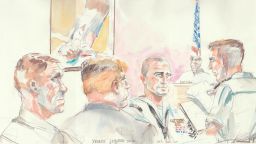 Corey Scott, a Navy SEAL medic (center with shaved head looking forward), testified Thursday in the military court trial of Chief Special Warfare Operator Eddie Gallagher who is accused of stabbing and killing an ISIS prisoner in Iraq in 2017. Sketch credit: Krentz Johnson